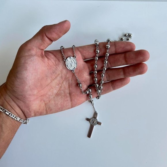 Y2K 2000s chrome silver rosary bead necklace - Picture 1 of 7